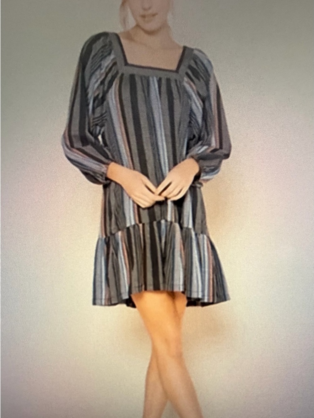 Outerknown Striped Square-Neck Long-Sleeve Mini Dress - Blue, Gray, Black XS
